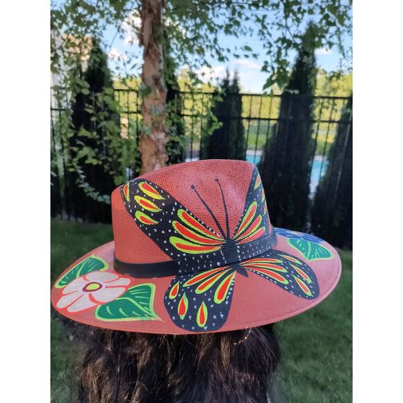 Orange Butterfly Fedora Art‎ Hand-Painted High-Quality Floral Hat from Mexico - Picture 1 of 8